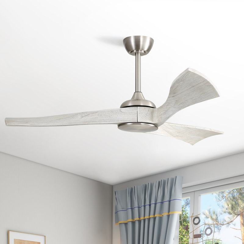 Ventilateur de plafond à hélice moderne de 52 po Kemp sans lumière, télécommande, 3 pales en bois massif, intérieur / extérieur, nickel et gris