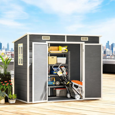 Remise de jardin grise avec plancher, 93,7 po x 49,2 po, 72 po, résine renforcée d'aluminium, fenêtre transparente, ventilation, loquet pour terrasse de patio large, profond, 72 po de hauteur, renforcé, ventilé