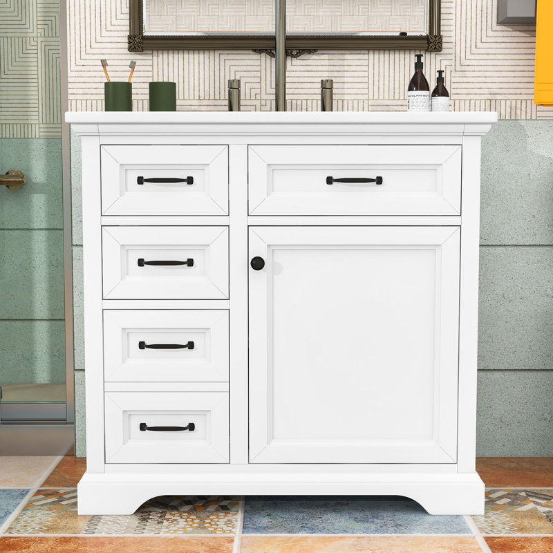 Meuble-lavabo autoportant avec lavabo en céramique, 4 tiroirs et tablette réglable, Blanc