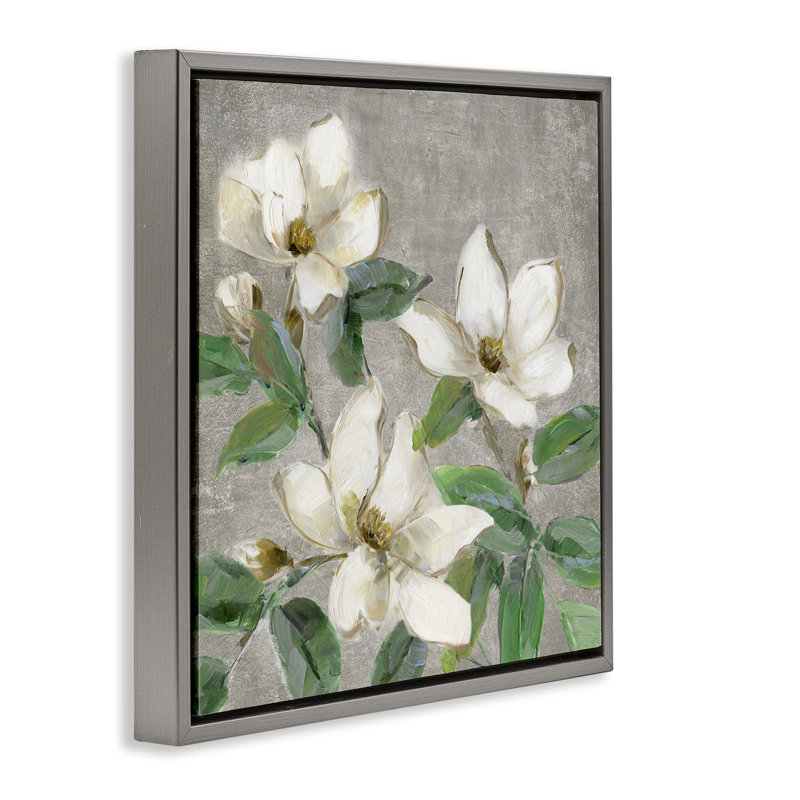 Magnolias ivoire sur cadre flottant gris, design par Sally Swatland, Cadre flottant gris lustré, H 18 po x l 18 po