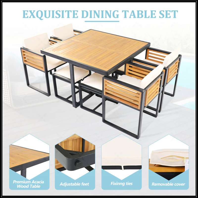 Ensemble repas d'extérieur en bois d'acacia de qualité supérieure, Beige