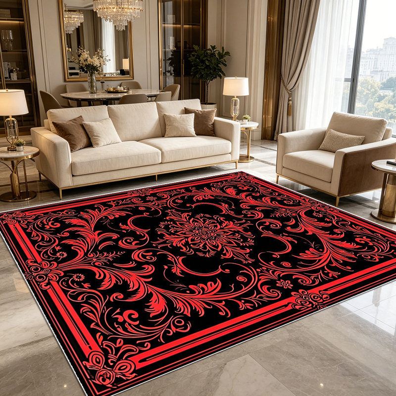 1PC Vintage Red Black Floral Damask area rugs for Living Room, Soft, All seasons, Easy-maintain, Washable Indoor mat, Farmhouse suitable for dining table, bedroom, entryway, kitchen, back patio, Home Decor, Outdoor Decor.