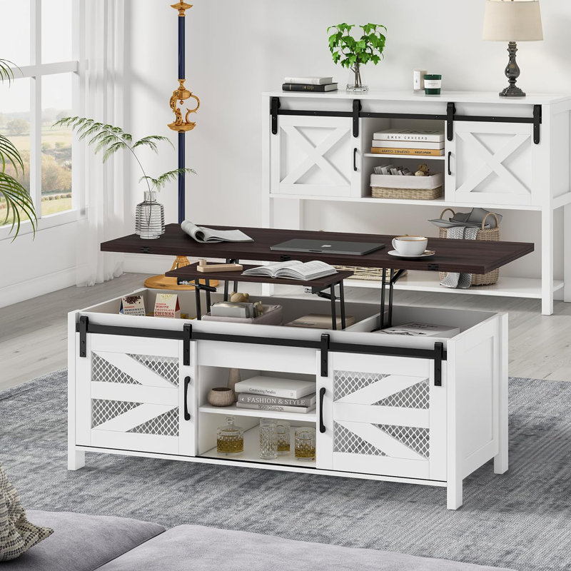 Verniet 48” Lift Top Coffee Table with Storage, Walnut, White