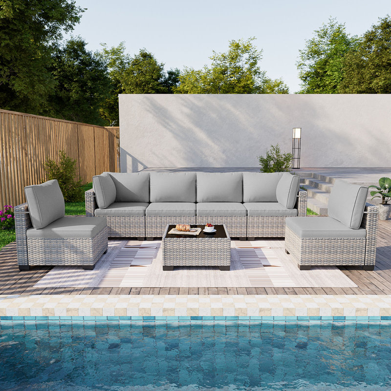7-Piece Patio Furniture Set, Outdoor Patio Furniture with Thick Cushions, Modular Patio Sofa, Dual-Strand Wicker Rattan, Rust-Resistant Frame, Backyard Furniture for Garden, Deck