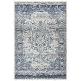 GLN Rugs Vintage Collection - Machine Washable Area Rug, Vintage Washable Rug, Non Slip Area Rug, Low Pile Living Room Rug, Bedroom Rug, Bathroom Rug - Easy Clean (Navy Blue and Gray Rug)