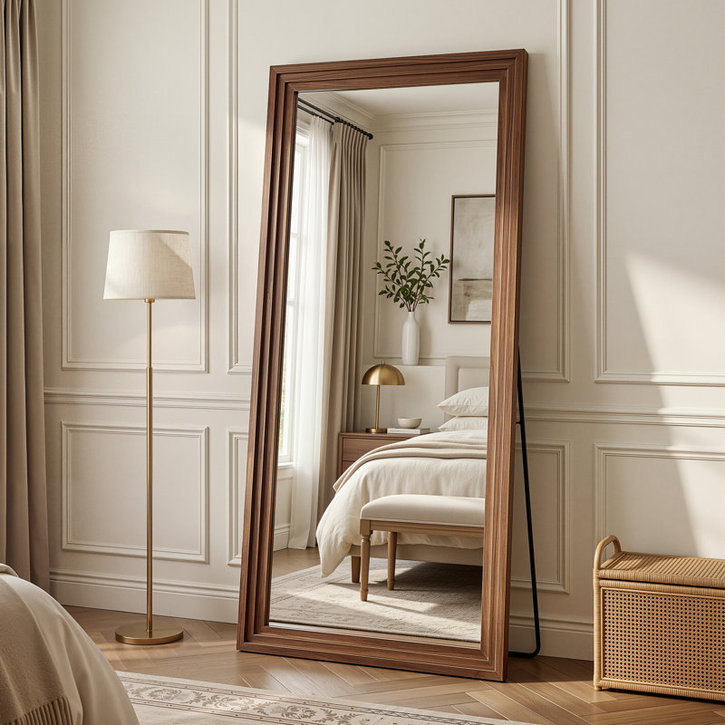Wood Full Length Mirror Wooden Full Body Mirror with Stand, 71"x32", Brown