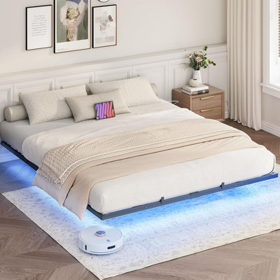 Floating Bed Frame King Size, Bed Frame With Charging Station And LED Lights, Industrial Style Metal Platform King Bed, Soundless, No Box Springs Needed, Black