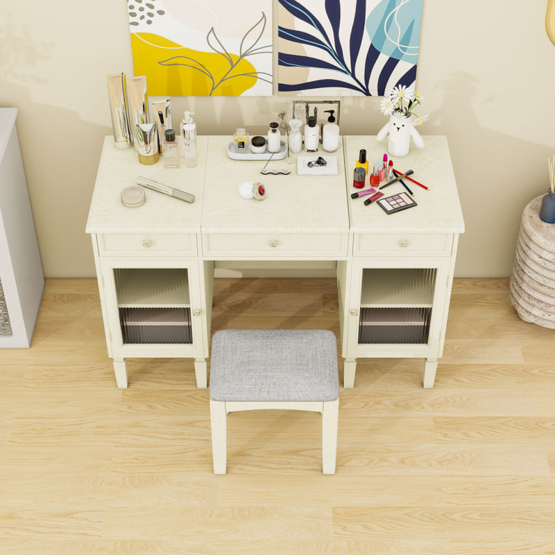 Bureau de coiffeuse 2 en 1 avec miroir, tabouret rembourré et grand rangement