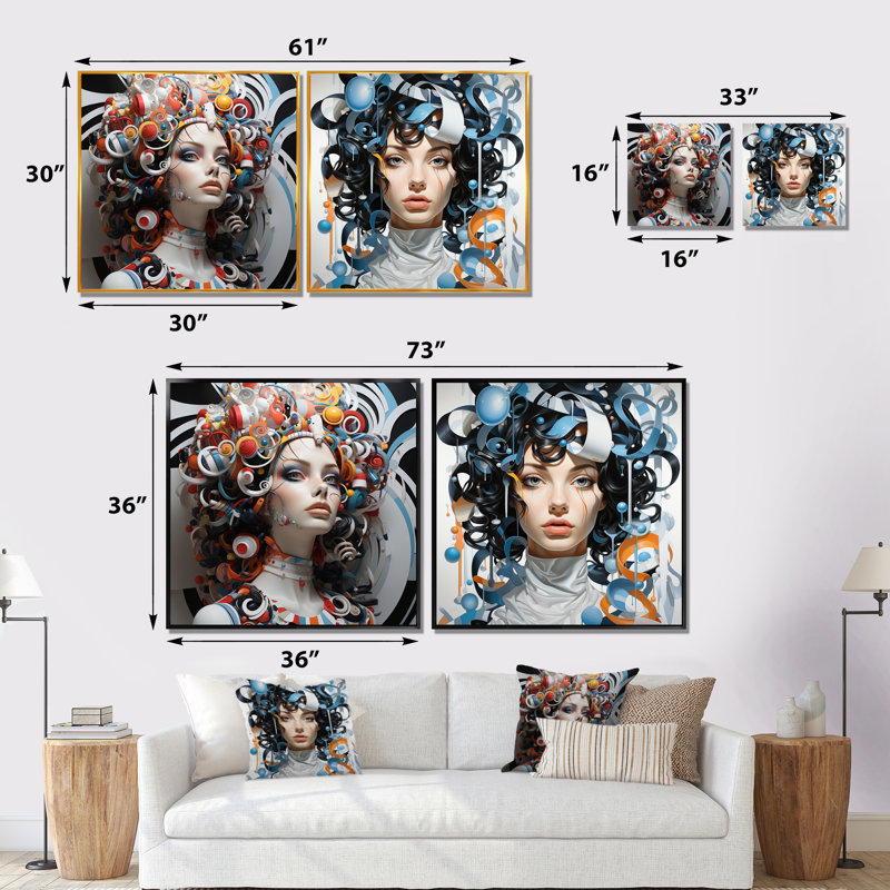 Vision abstraite du surréalisme - Portrait de femme, ensemble de 2 impressions sur toile, Toile tendue