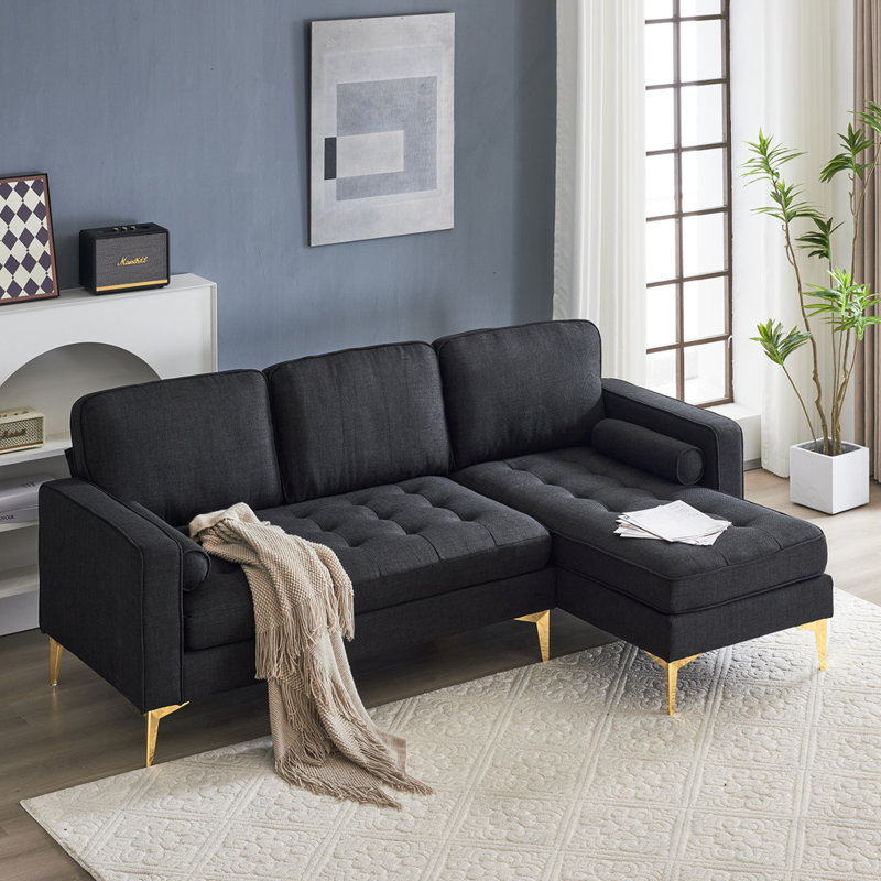 Upholstered 85.83'' Sofa & Chaise, Black 100% Linen