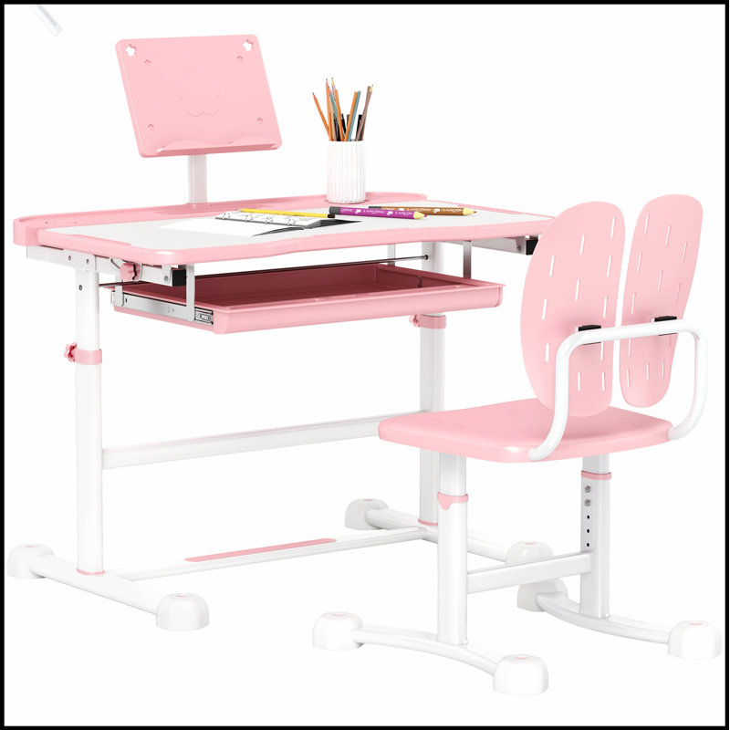 Ensemble de bureau et de chaise pour enfants Qaba, réglable en hauteur avec bureau inclinable, tiroir de rangement et support à livres pour l'écriture, la lecture et le dessin