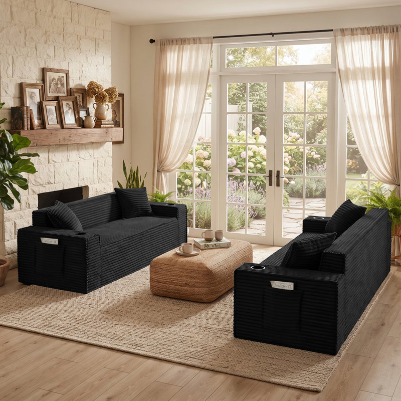 Ensemble de salon moderne 2 pièces sans os, 2 Pieces: 2 Sofas, Noir