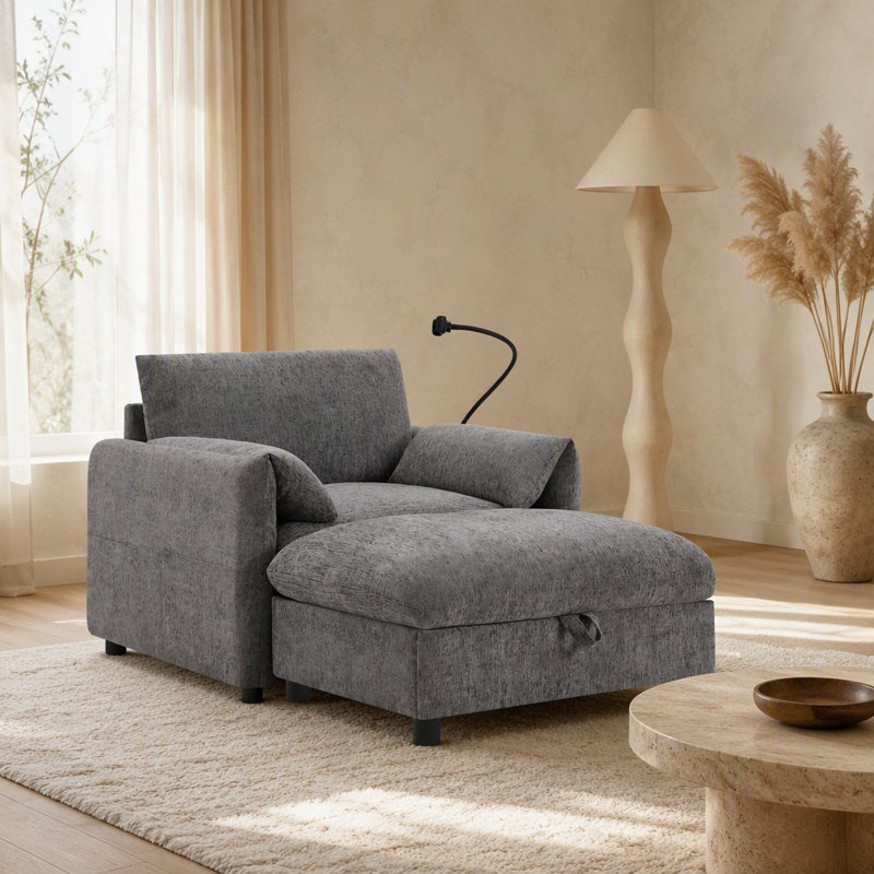 Canapé simple de 38 pouces avec repose-pieds de rangement, support de téléphone réglable, chargeur USB, poches latérales et accoudoirs en forme d'oreiller pour les salons et les appartements modernes
