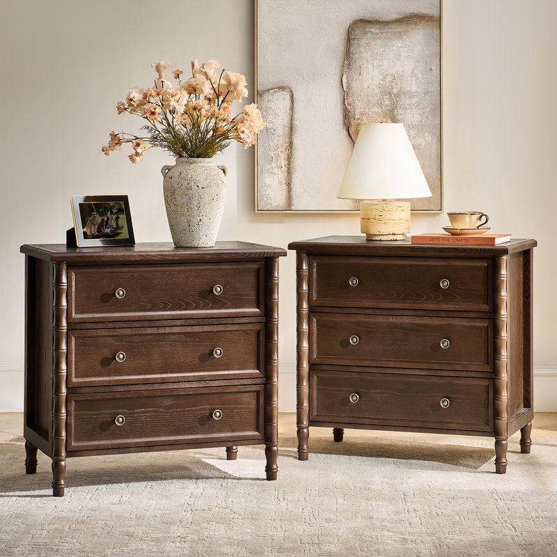 Lucious 3-Drawer Transitional 28''W Curved End Table with Charging Station and Easy Assembly , Walnut