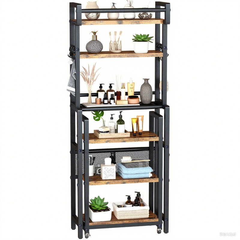 6-Tier Over The Toilet Storage Rack With A Storage Cart, Farmhouse Space Saver Bathroom Organizer Shelves Over Toilet, Freestanding Over Toilet Rack With 6 Hooks, Rustic Brown
