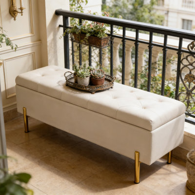 Banc de rangement en velours avec revêtement capitonné, banc de repose-pieds moderne pour la chambre à coucher, le salon et le vestibule, comprend un compartiment de rangement caché et des pieds en métal robustes