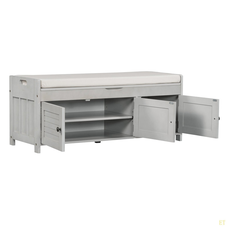 Storage Bench With 3 Shutter-Shaped Doors, Shoe Bench With Removable Cushion And Hidden Storage Space, Gray Wash