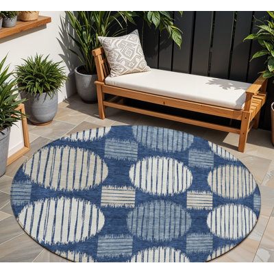 Tapis d'intérieur rond lavable géométrique 8 pi bleu marine et ivoire