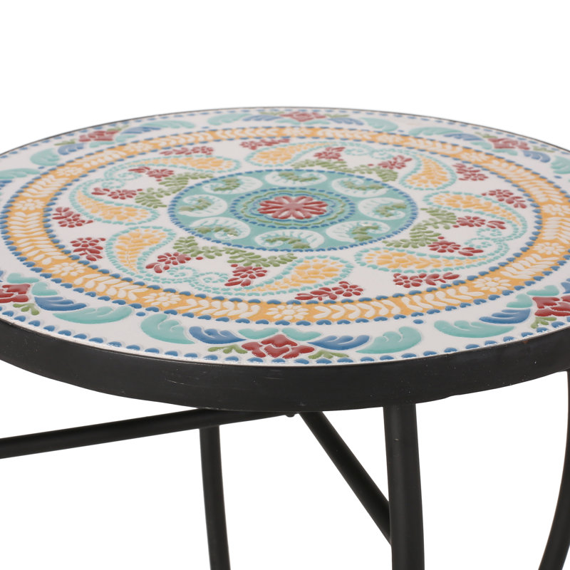 Table d'appoint captivante avec ornement en mosaïque de carreaux et fabrication en fer, largeur 14 po x profondeur 21,25 po, carreau de céramique rouge-jaune, assemblage requis en métal magnifique l 14 po x P 14,25 po, + céramique