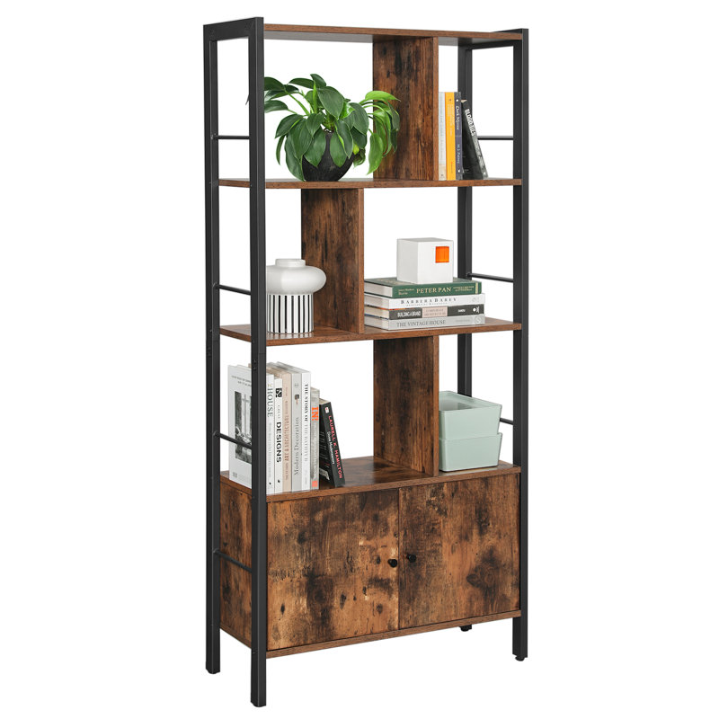 Jazmyne 154.5cm H x 74cm W Steel Standard Bookcase, Rustic Brown/Black