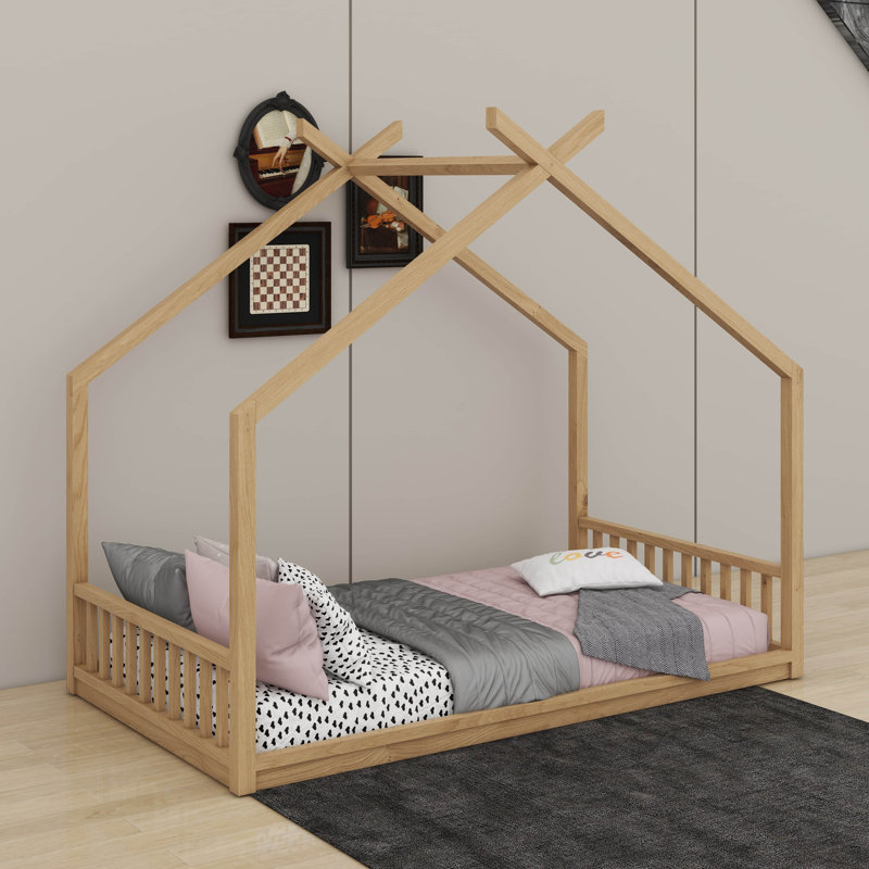 Lit de maison de style Montessori pour enfants, cadre de lit au sol avec tête et pied de lit, Naturel, Lit simple