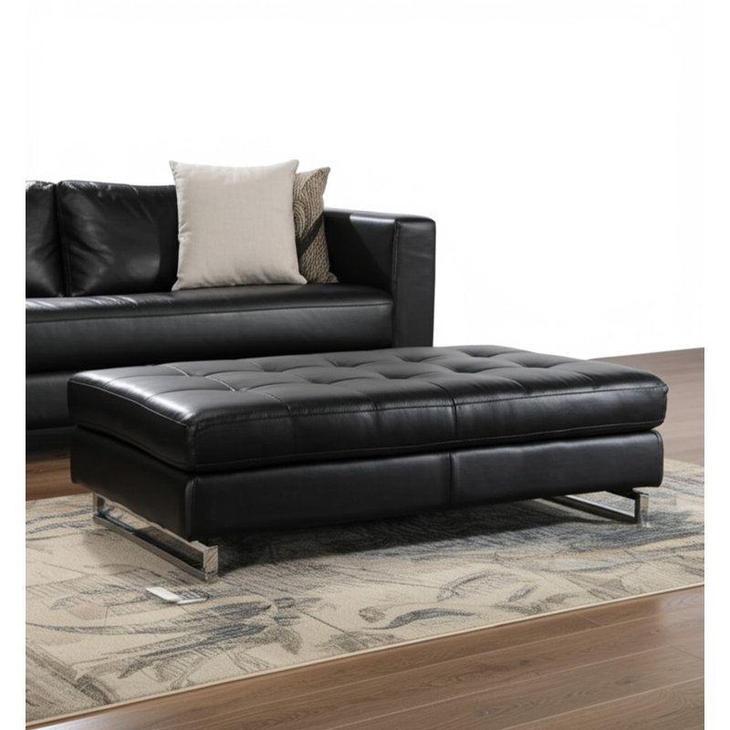 Strissel 63" Brown and Silver Faux Leather Tufted Ottoman, Black Leather Match