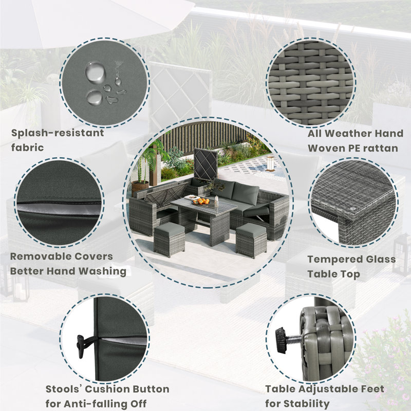 6-Piece All-Weather PE Rattan Patio Sofa Set with Adjustable Seats, Storage Box and Glass Top Table, , Grey, Grey