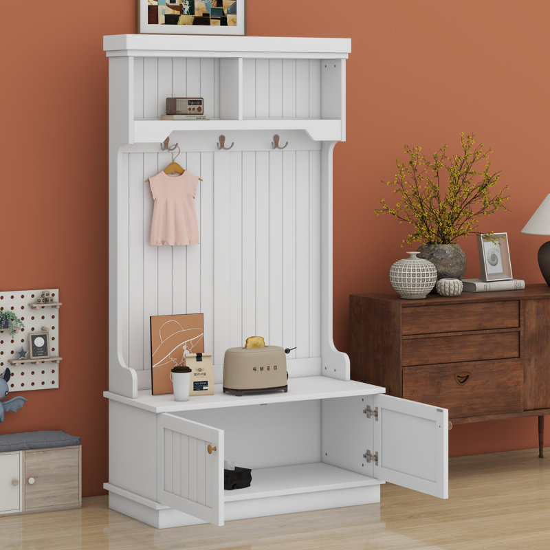 Hall Tree With Storage Shoe Bench For Entryway And Hallway, 4-In-1 Design Coat Racks With Hooks For Living Room, White