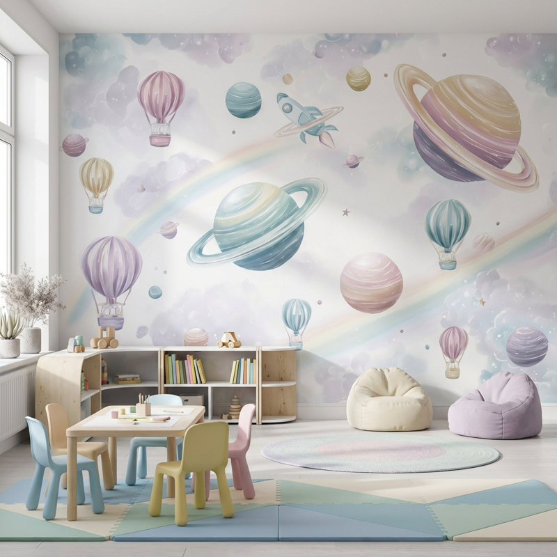 Space Wallpaper Planets Whimsical Wall Decor, Non-Woven Nonpasted, 160"x108"