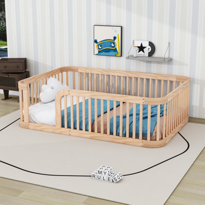 Wood Full Floor Bed Frame With Fence-Style Guardrails
