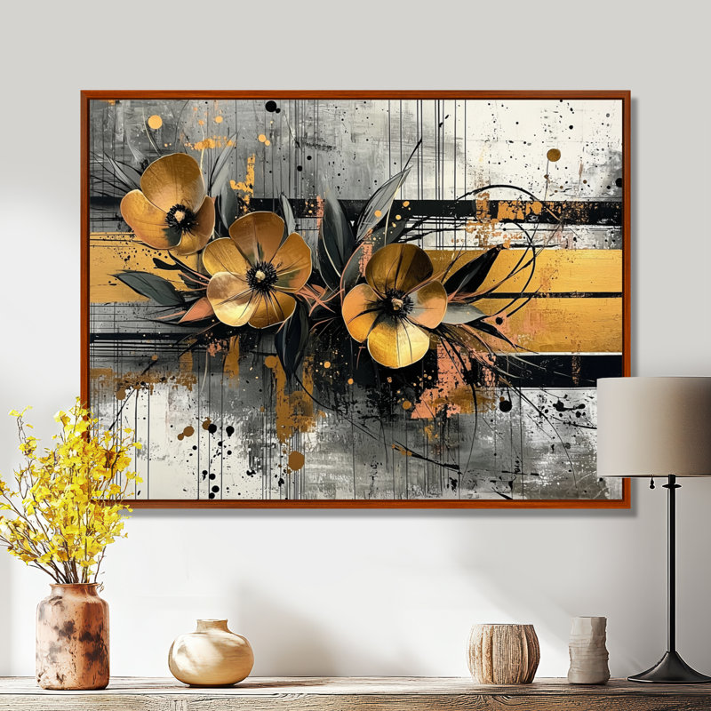 Toile dorée tropicale, danse des coquelicots IV - coquelicots, H 16 po x l 32 po, Floater Framed, Brun