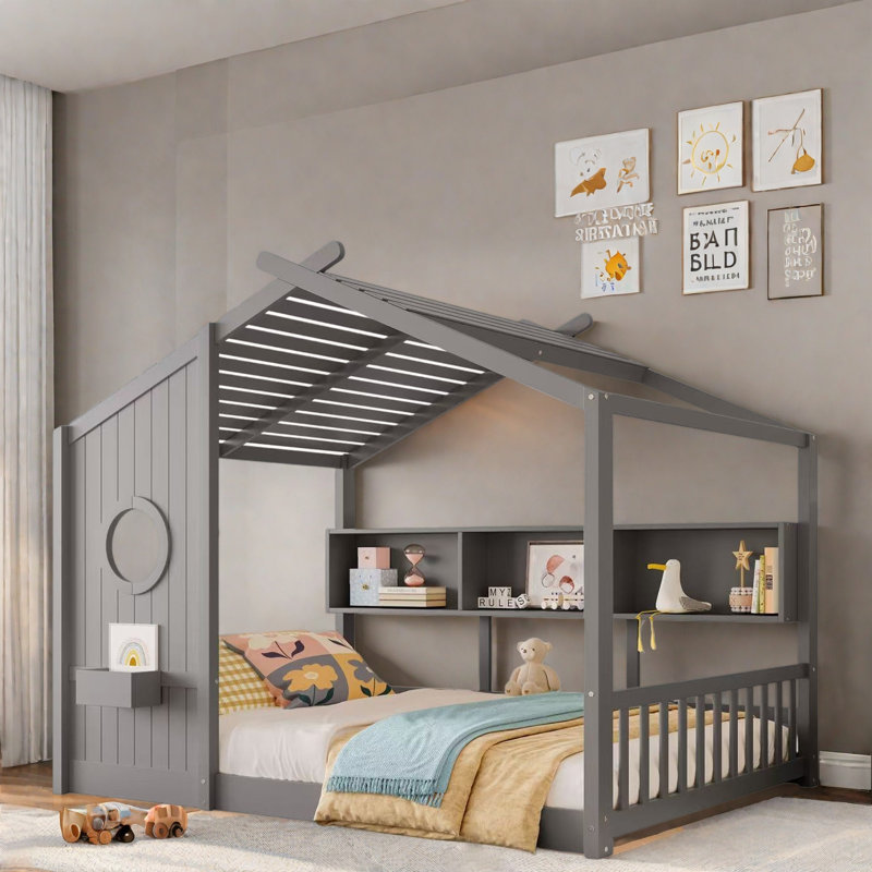 Lit sur pied avec tablette de rangement, Gris, Double
