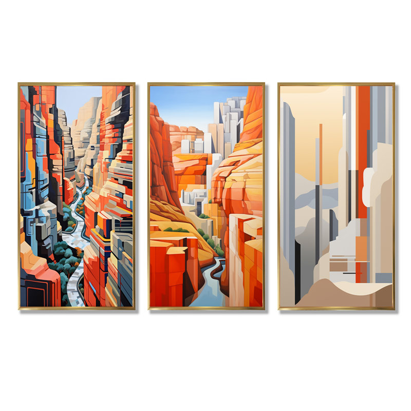 Paysage de canyon inspiré de Stijl, Cadre flottant doré, H 40 po x l 60 po