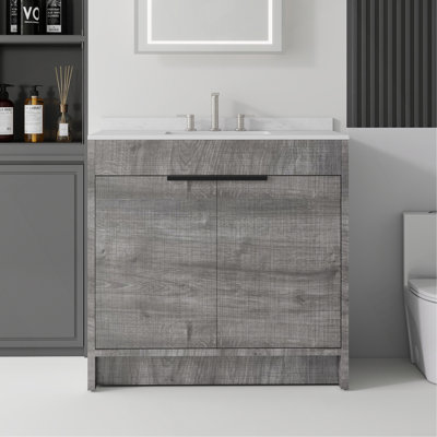 Meuble-lavabo autoportant de 91 cm avec lavabo, porte à fermeture amortie, comptoir et dosseret en marbre synthétique blanc de Carrare de 1,5 cm d'épaisseur, contreplaqué