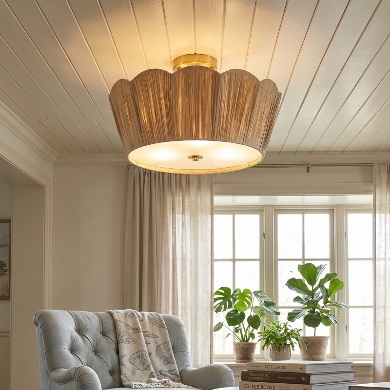 Bohemian 18.1" 3-Light Semi-Flush Mount Ceiling Light with Handwoven Raffia Shade for Bedroom, Dining Room, or Living Space