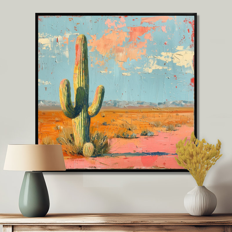 Cactus rétro rose du sud-ouest - Cactus, art mural, H 30 po x l 30 po x P 1 po, Toile avec cadre flottant noir