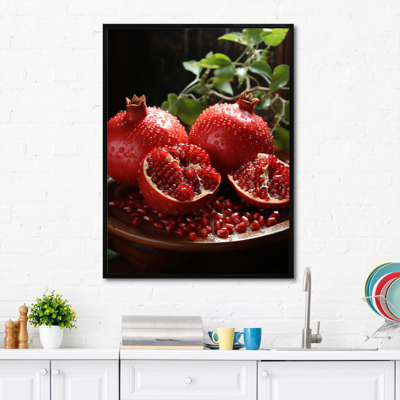 «Fruit Pomegranate Red Pointillism I», reproduction d'art sur toile, H 44 po x l 34 po x P 1,5 po, Cadre noir