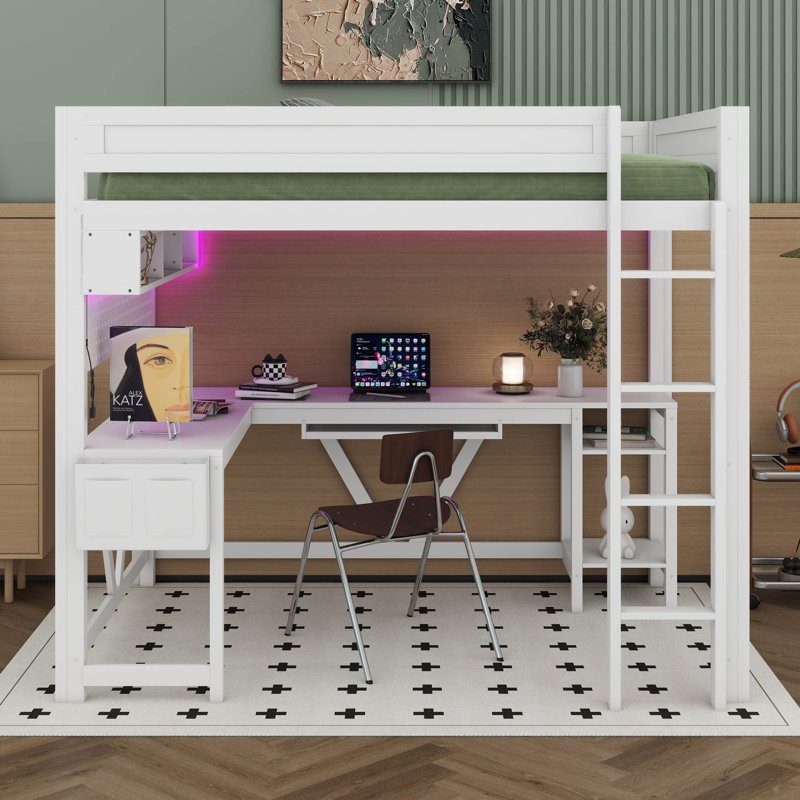 Full-Size Gaming Loft Bed With Built-In Desk, Charging Station And LED Lights, Includes Storage Shelf, Cloth Bag And Sturdy Wood Frame