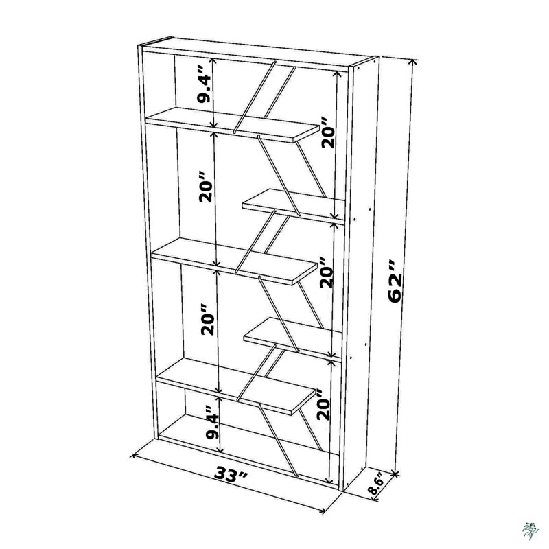 Wood Frame Etagere Open Back 6 Shelves Bookcase Industrial Bookshelf, Brown/Gold
