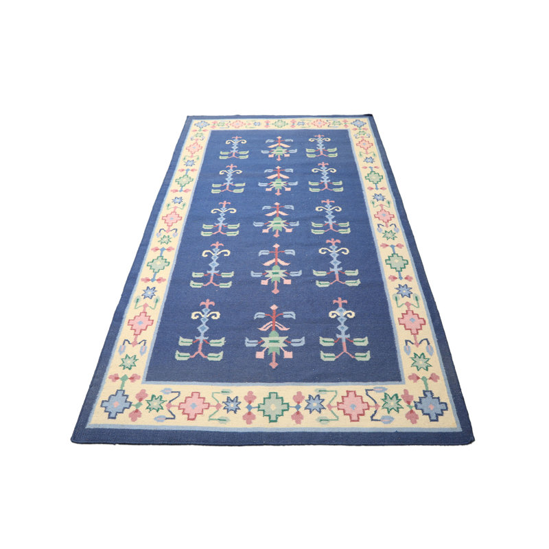 5x8 Hand Woven Wool Blue,Ivory Flatweave Dhurry Kilim Transitional Rug