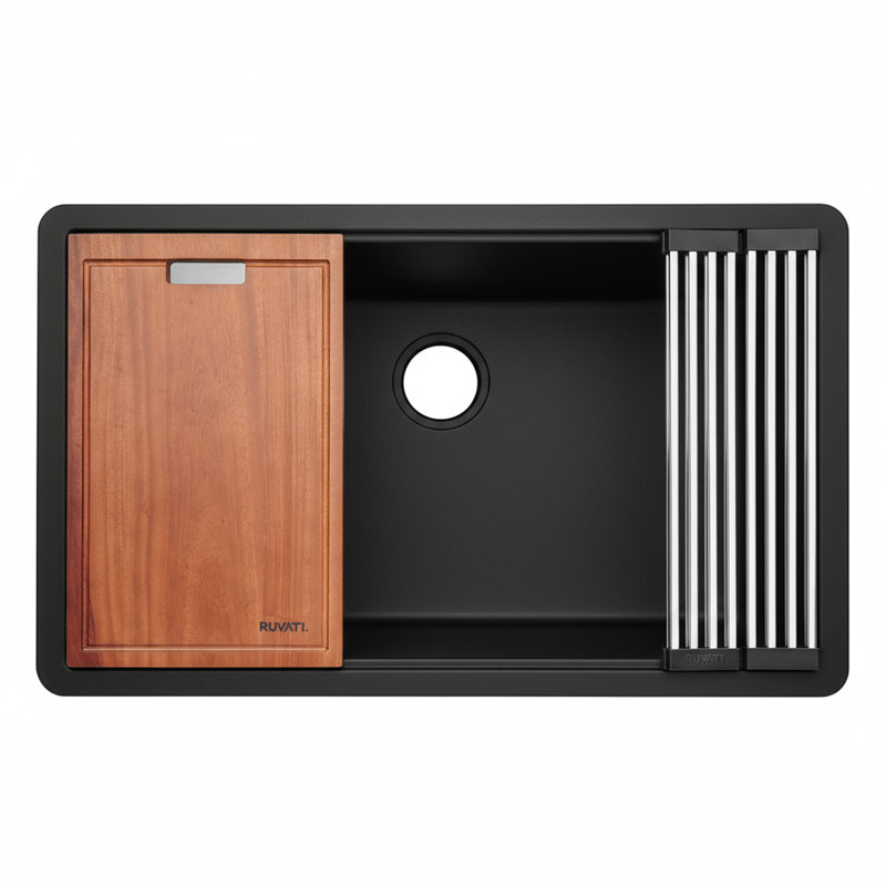 Ruvati 32-inch Granite Composite Quartz Workstation Undermount Single Bowl Kitchen Sink, Matte Black