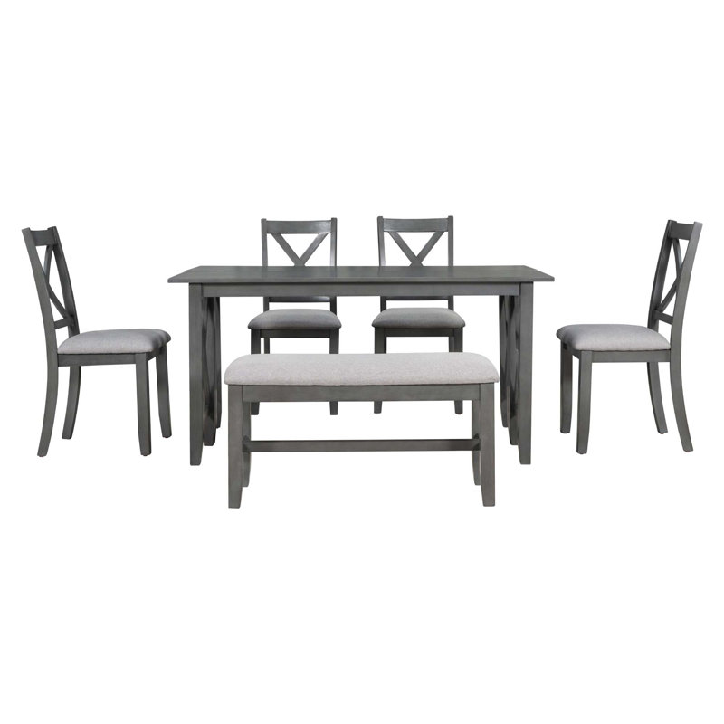 Ensemble de salle à manger 6 pièces en bois massif avec 4 chaises et banc pour la salle à manger, Gris