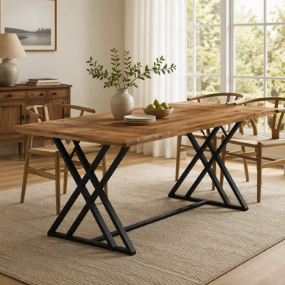 63″ Rectangular Solid Fir Wood Dining Table for 4 to 6, Farmhouse Kitchen Table with X Shaped Metal Legs