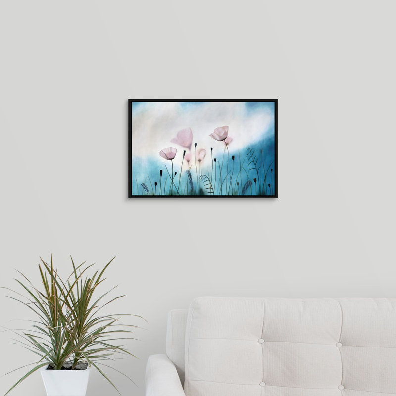 « gossamer prières », peinture sur toile, Cadre flottant noir, H 13,7 po x l 19,7 po x p 1,75 po
