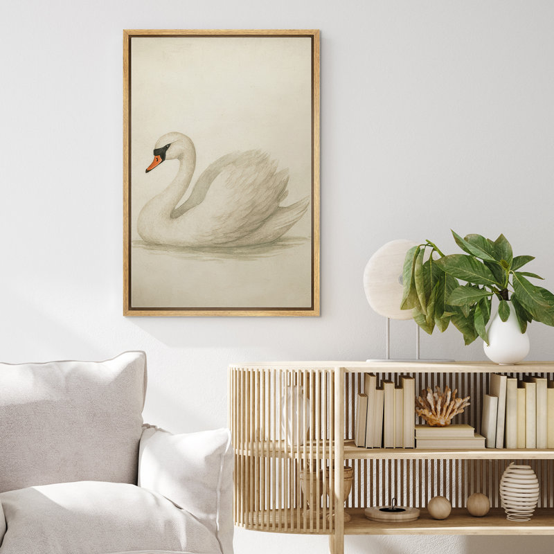 Élégant cygne blanc sur fond neutre doux - reproduction d'art sur toile encadrée, H 36 po x l 24 po x P 1,5 po