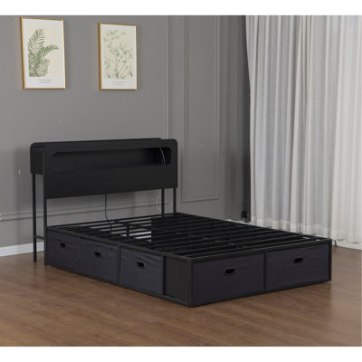 Queen Size Bed Frame with 2-Tier Storage & LED Light Headboard, Charging Station, USB Port & Type C, with 8 Fabric Underbed Storeage Drawers, No Box Spring Needed, Black