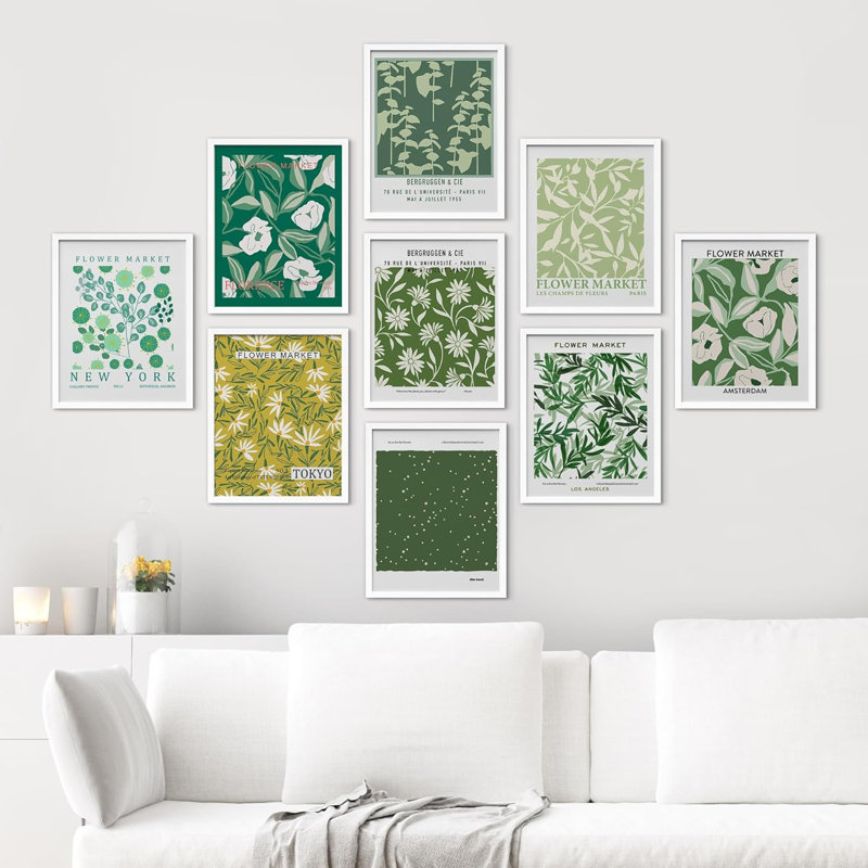 «Green Floral Flower Market», variété, nature sauvage, calme et bohème encadré sur papier, 9 pièces, Blanc