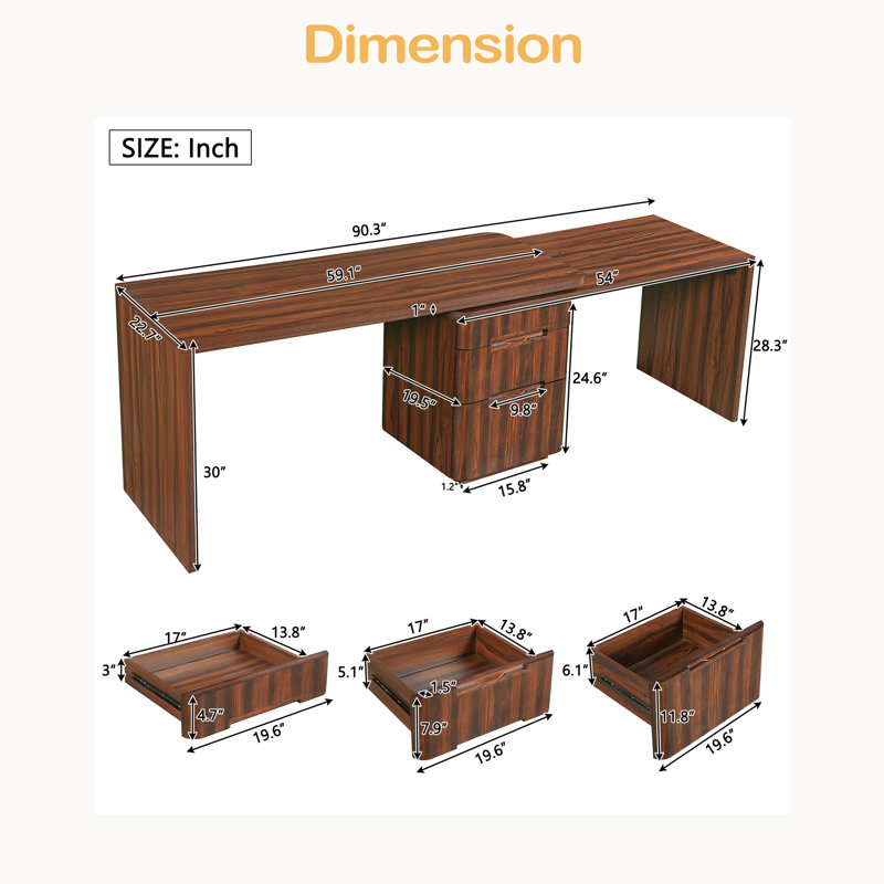 Bureau en L 90 po avec 3 tiroirs, bureau rotatif à 360 ° en bois, bureau de direction, bureau d'angle, poste de travail de bureau, pour le bureau personnel ou le salon