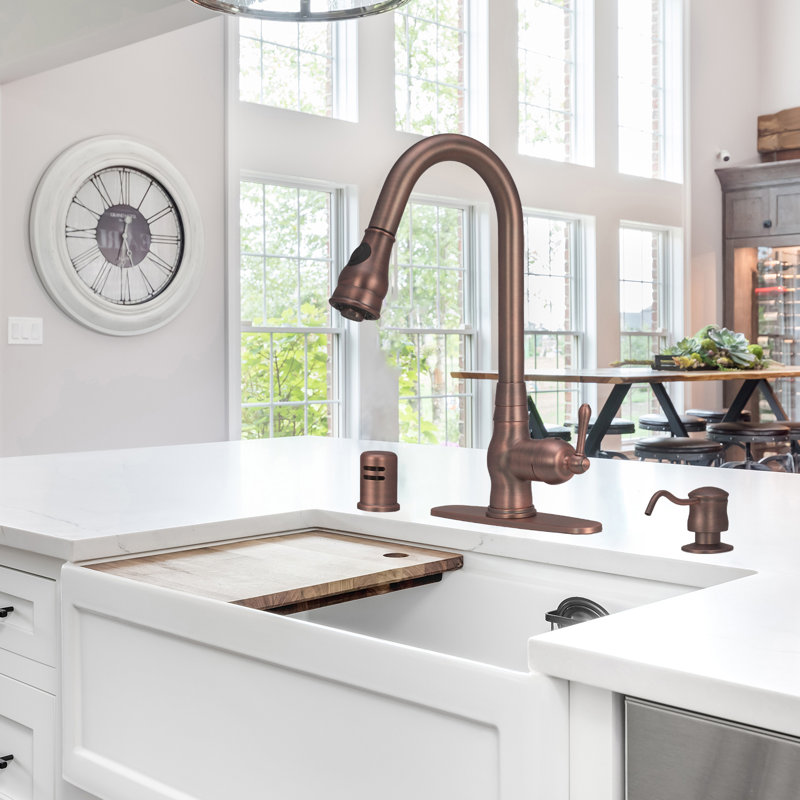 Copper Pull Down Kitchen Faucet with Single Handle Deck Plate Included, Antique Bronze