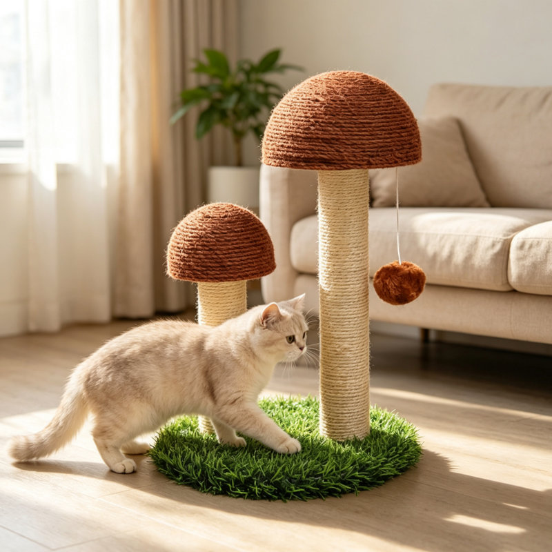 Grattoir en forme de champignon avec jouet suspendu en sisal, H 17,72 po x l 11,81 po x P 11,81 po, Brun